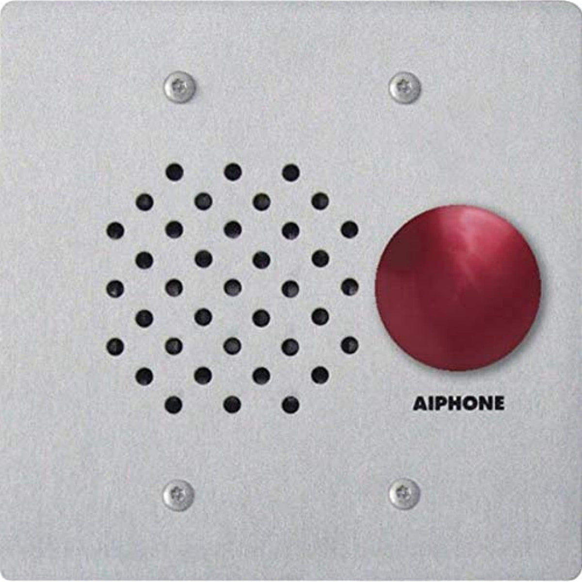 Aiphone intercom system with red button and speaker grille on a gray background