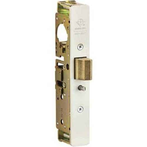 Door lock mechanism with brass and white components on a white background