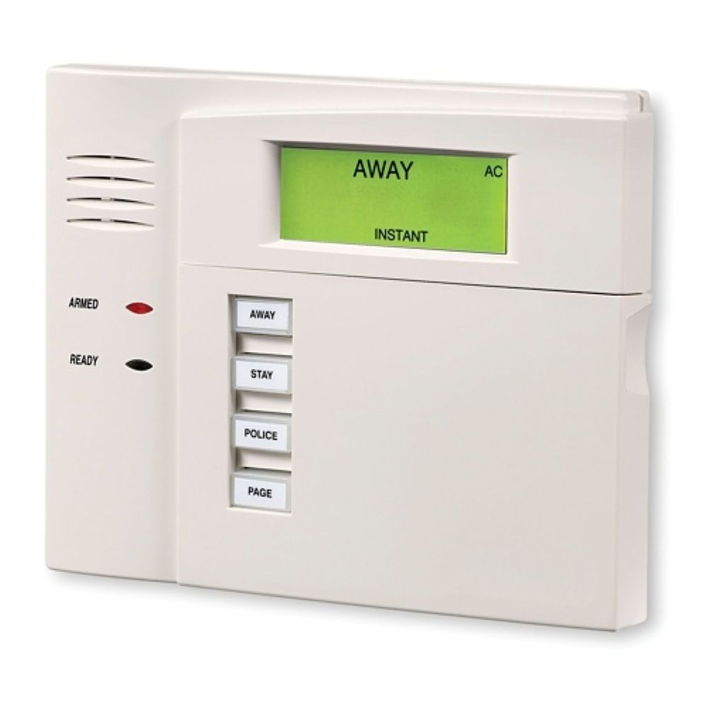 Alarm system control panel with digital display on a white background