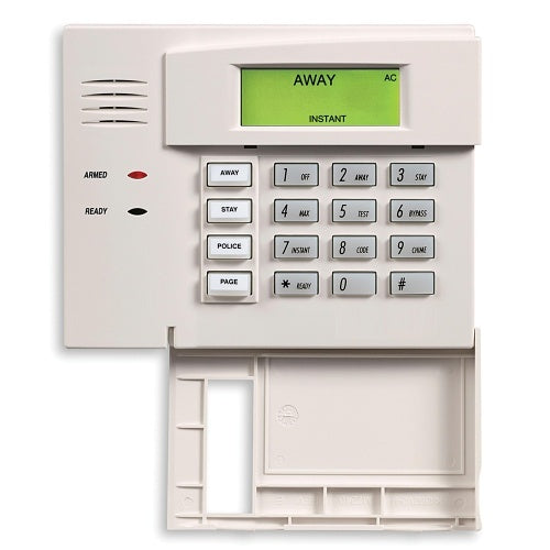 Security alarm system keypad with display and buttons on a white background