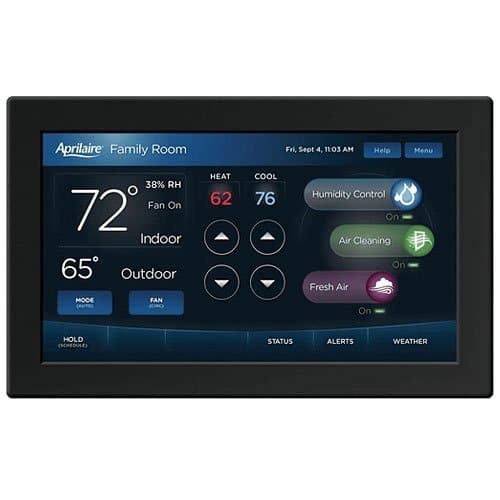 Digital thermostat display with temperature and control buttons on a white background