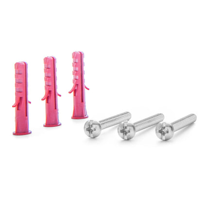 Pink plastic clips and silver metal screws on a white background