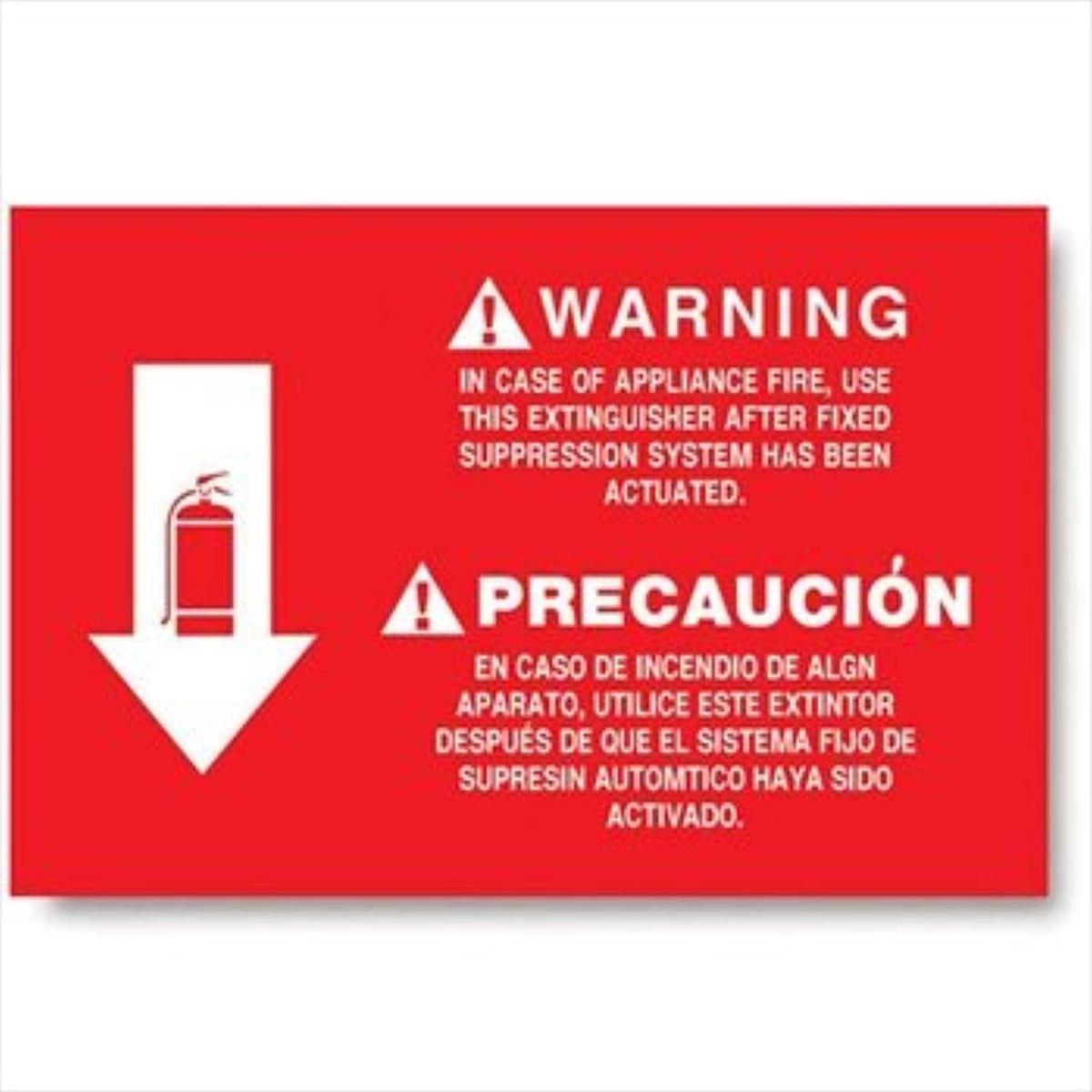 Red warning sign with text and an icon of a fire extinguisher on a white background
