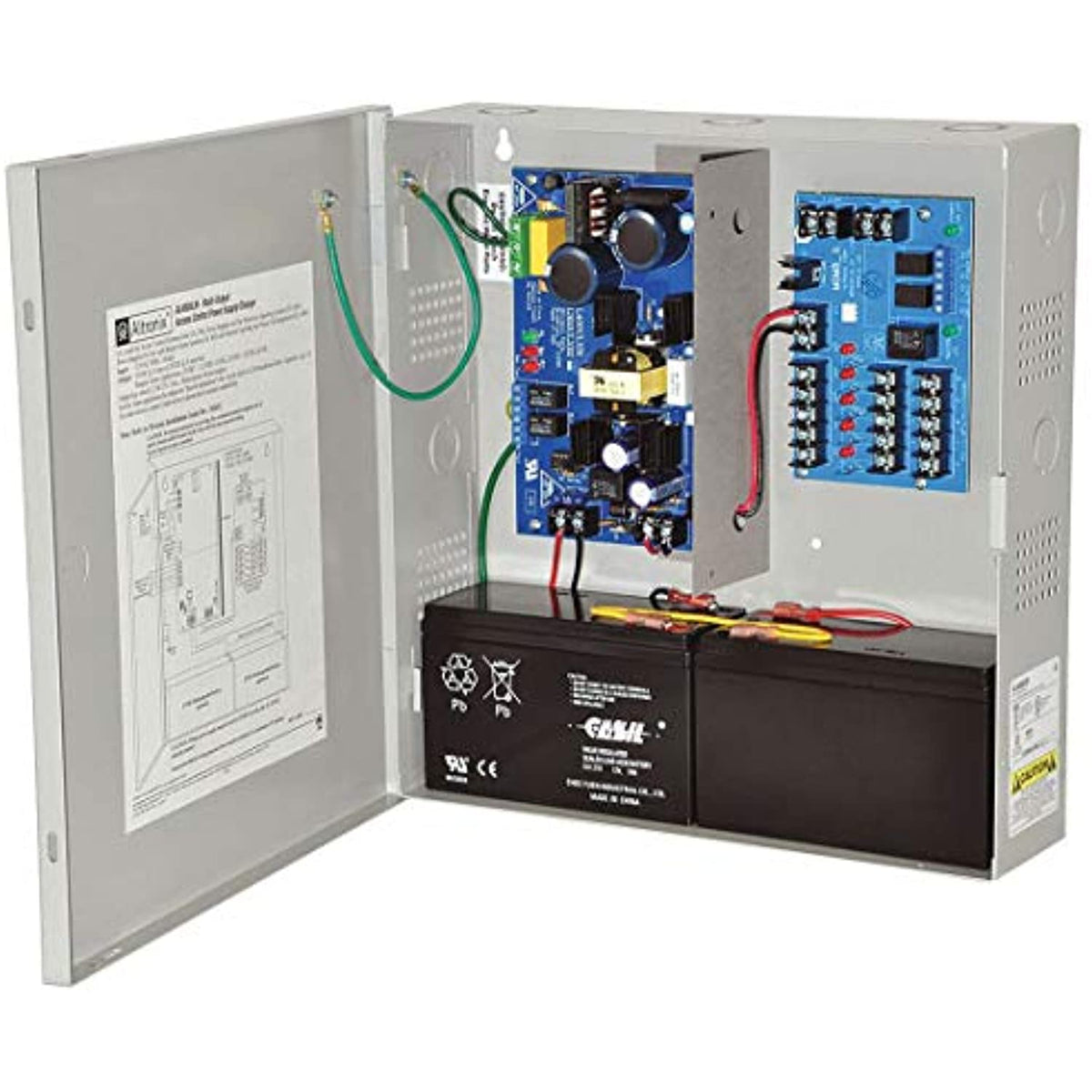 Electrical panel with open cover showing wiring and components on a white background
