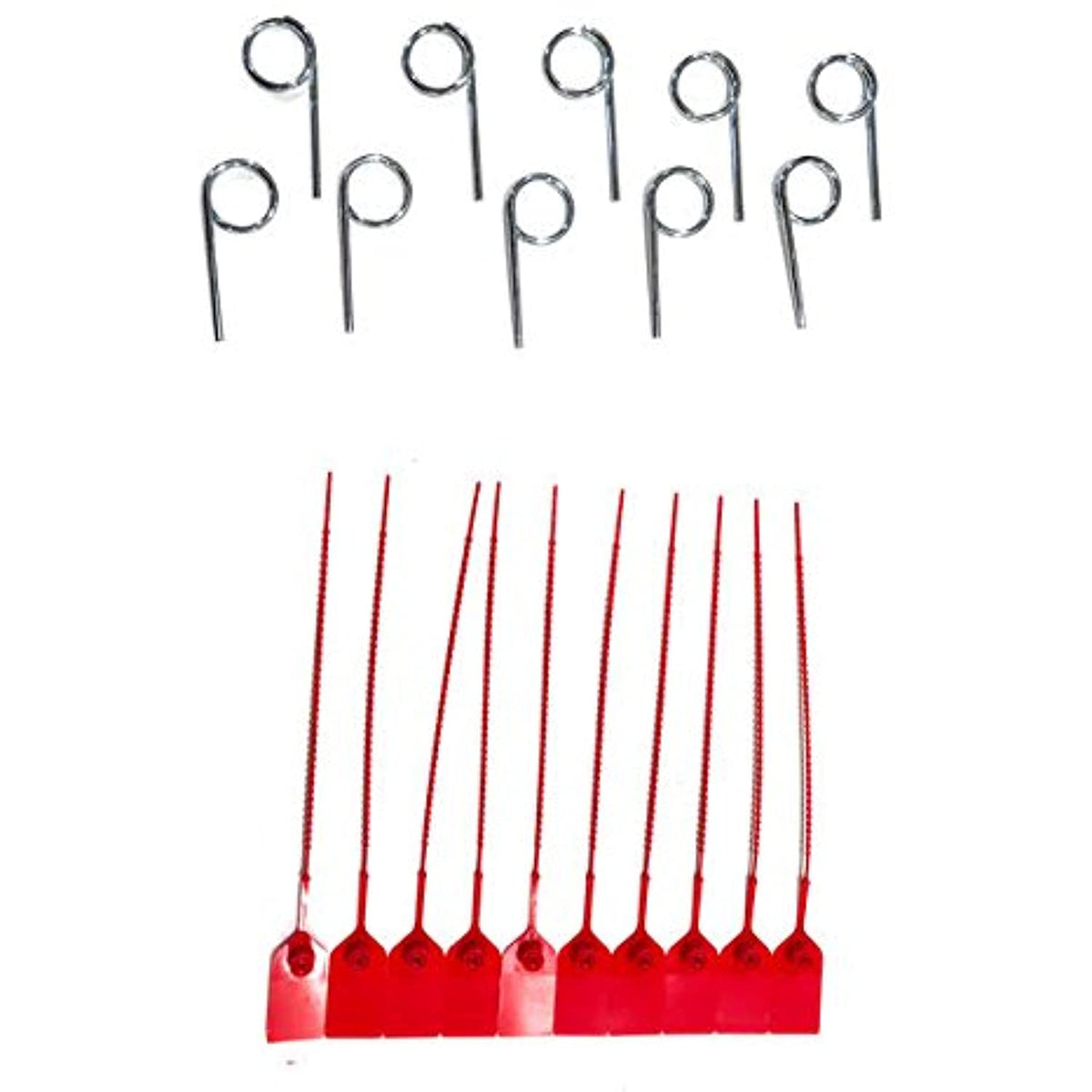 Set of pull pins and red plastic security seal tags on a white background