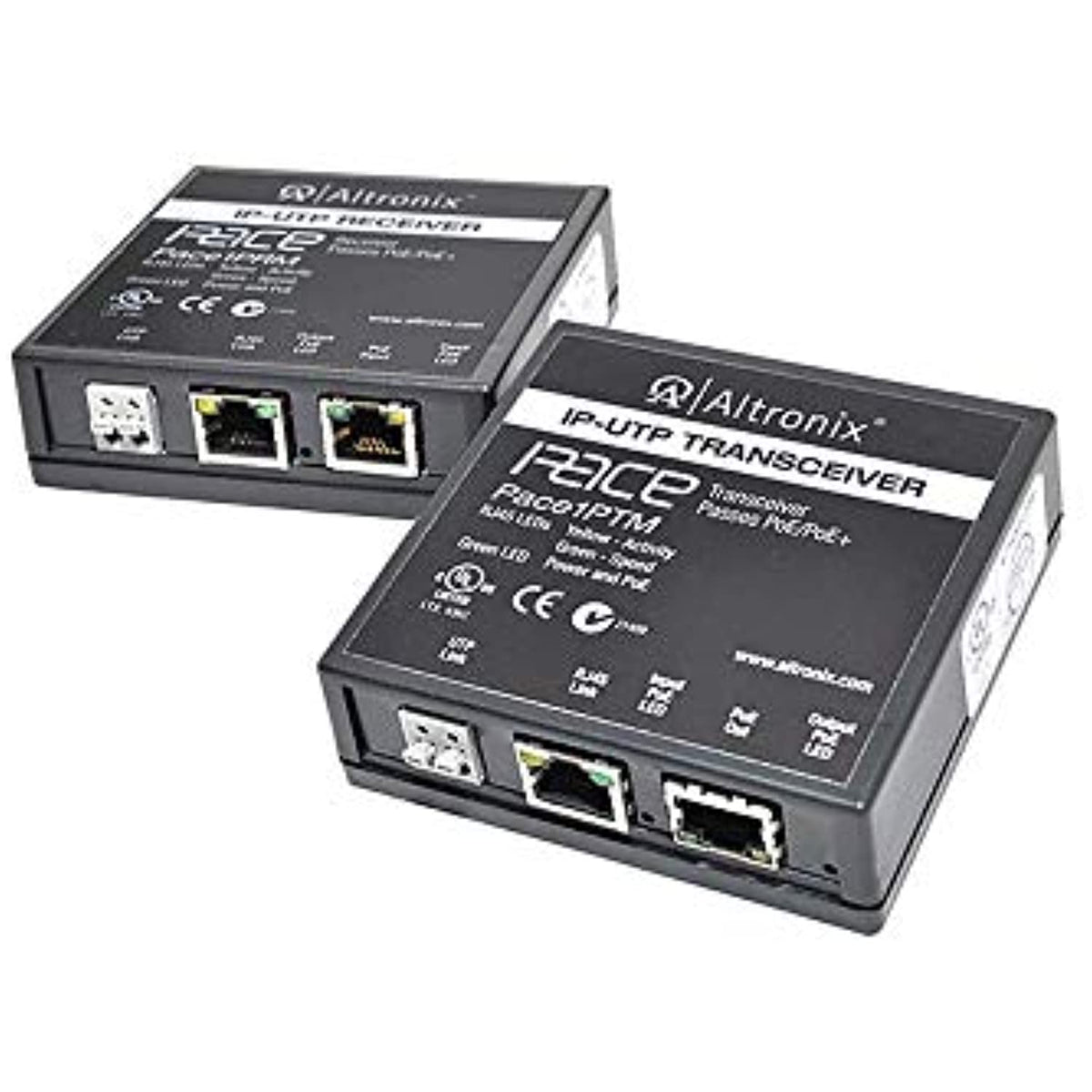 Two Altronix IP-UTP transceivers on a white background