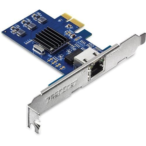 Network interface card with a blue circuit board and silver metal bracket on a white background