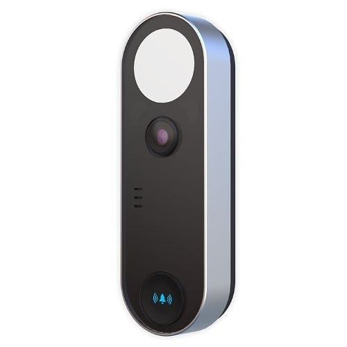 Black and silver doorbell camera on a white background