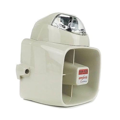 Beige outdoor notification siren  with clear lens on a white background
