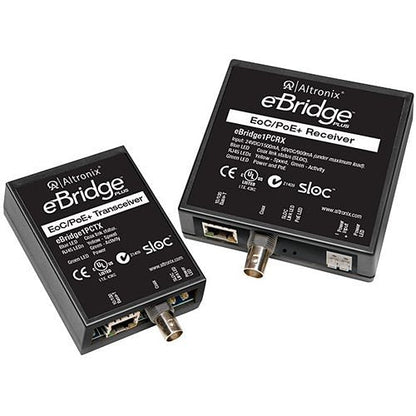 Two Altronix eBridge Plus Ethernet over Coax (EoC) and Power over Ethernet (PoE+) devices on a white background.