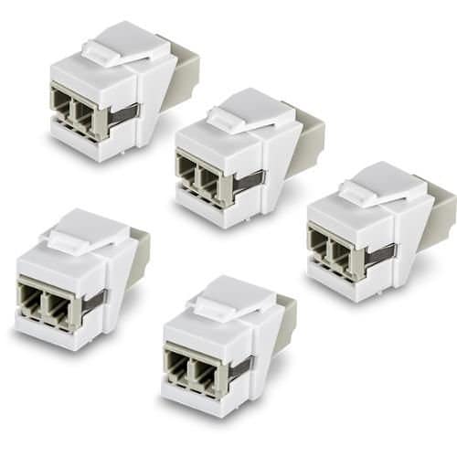Five white Ethernet connectors on a white background
