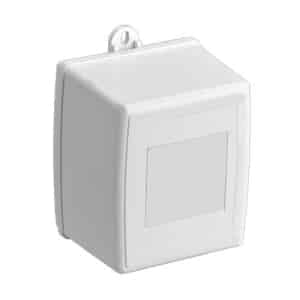 White, square-shaped electronic component or plastic enclosure set against a plain white background