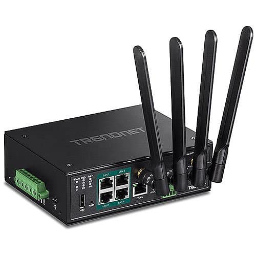 Trendnet network router with multiple antennas on a white background