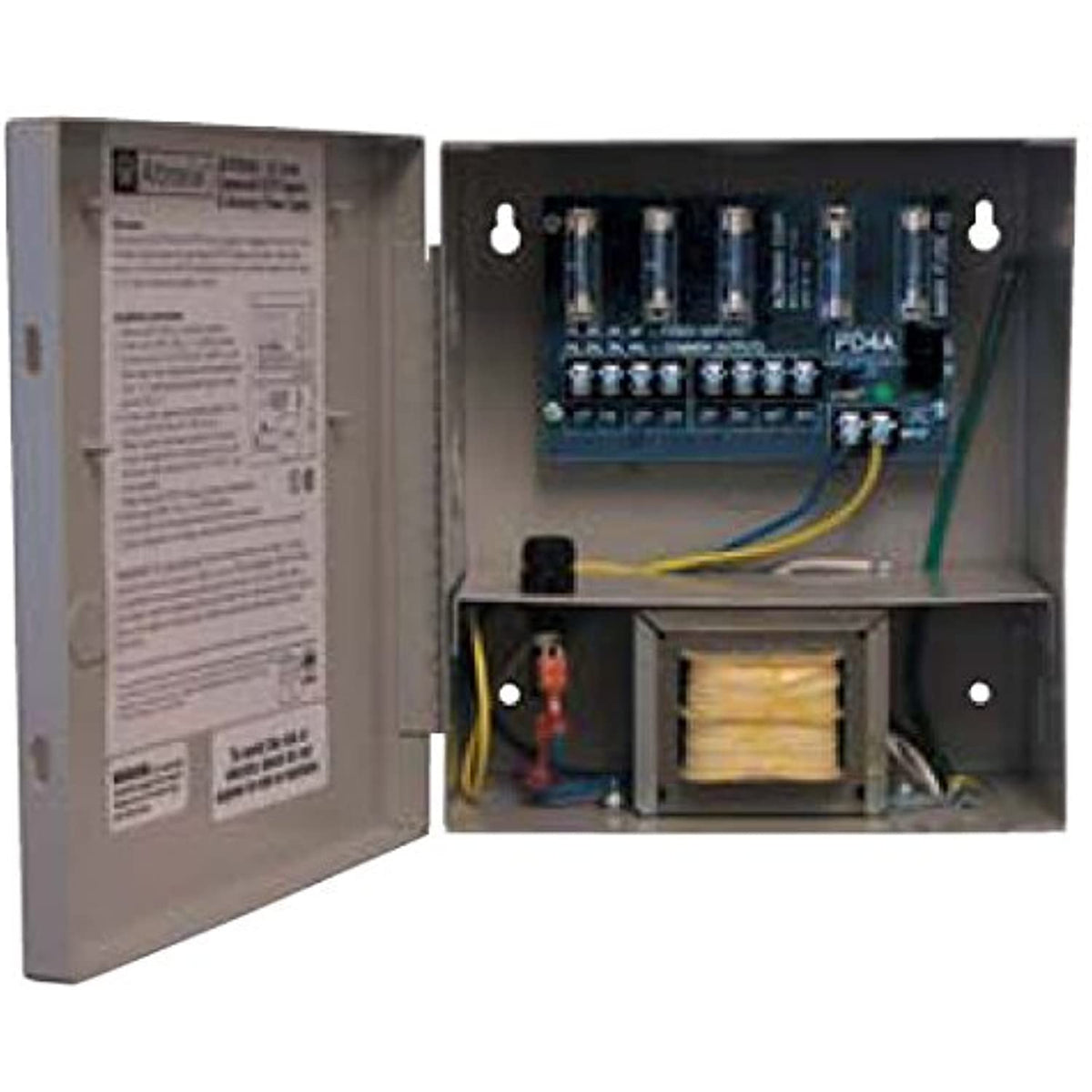 Electrical control panel with open cover showing internal components on a white background