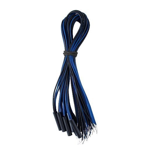 Bunch of blue and black cables with connectors on a white background