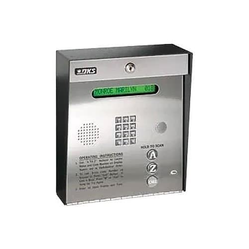 Metallic security system panel with keypad and LED display on a white background