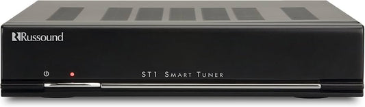 Russound ST1 Smart Tuner electronic device in black, featuring a front panel with the brand name, model name, power button, and a red indicator light.