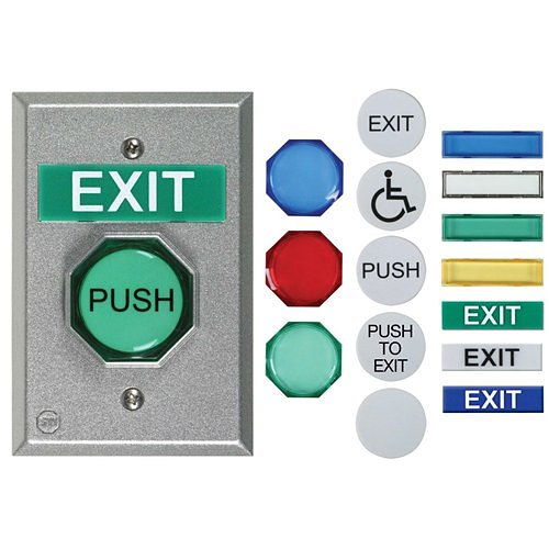 Collection of exit and push buttons with various designs and colors on a white background.