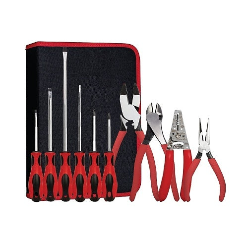 Set of red-handled tools including screwdrivers and pliers in a black case on a white background