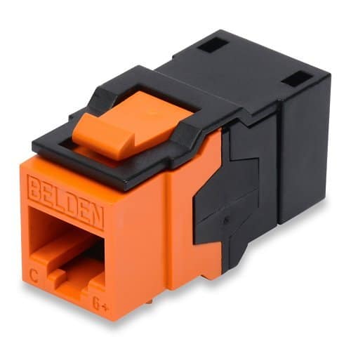 Orange and black electrical connector with Belden branding on a white background