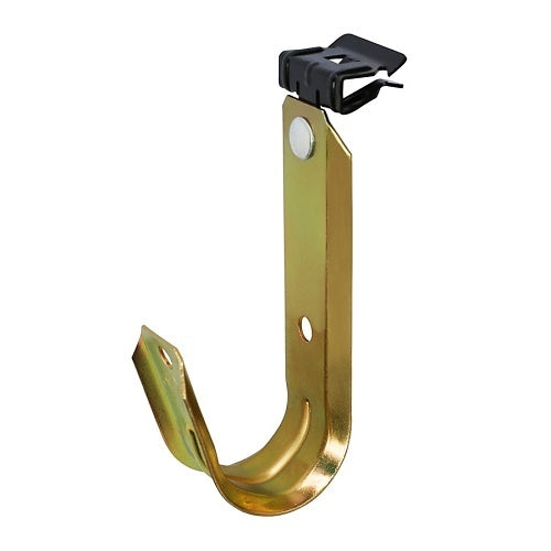 Gold metal hook with black clip on a white background