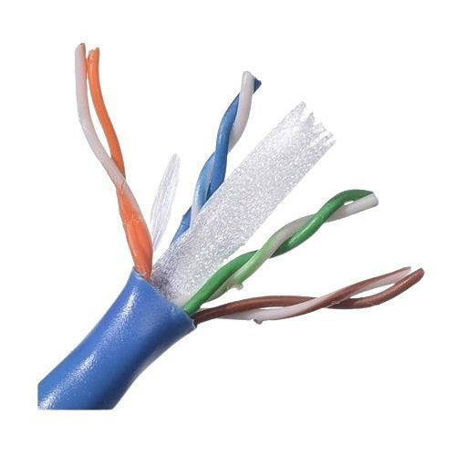 A close-up of a blue Ethernet or CAT6 cable with its outer jacket peeled back to reveal the internal twisted wires, including orange, blue, green, brown, and white pairs, along with a translucent shield layer, on a white background.