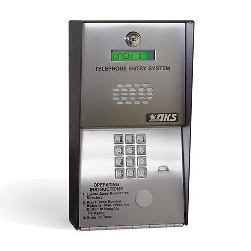 metal intercom system with display screen grilled speaker and numbered keypad on a white background 