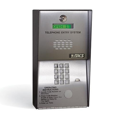 metal intercom system with display screen grilled speaker and numbered keypad on a white background 