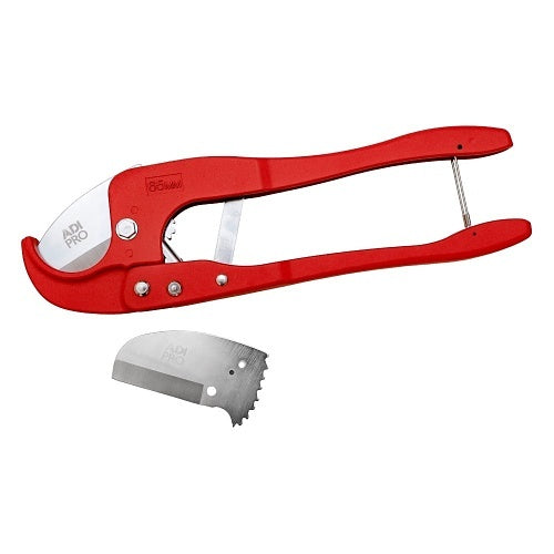 Red pipe cutter with a detachable metal blade on a white background