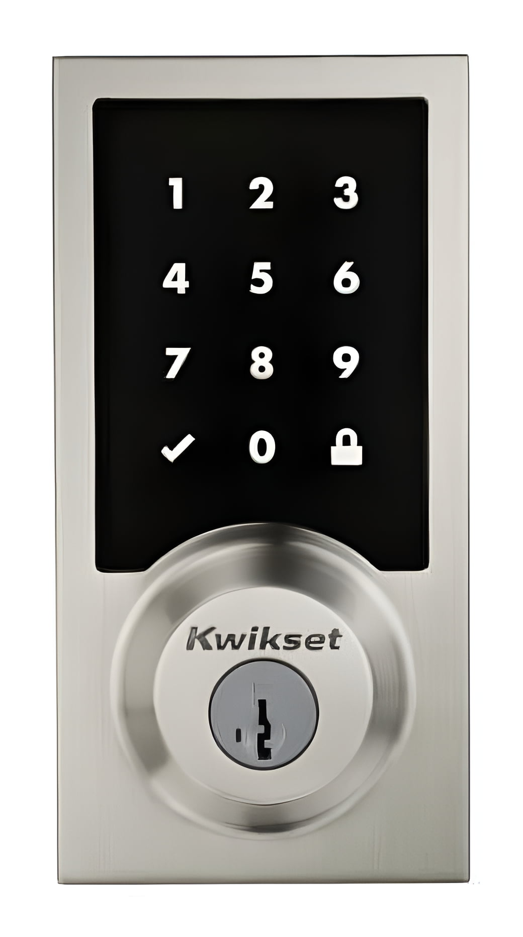 Kwikset electronic door lock with keypad on a white background