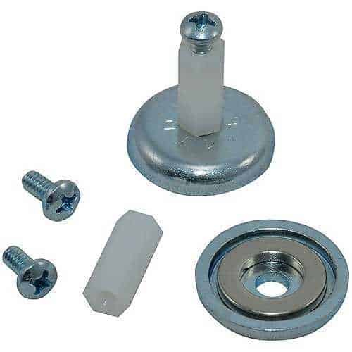 Set of metal and plastic components on a white background
