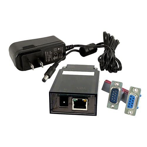 Network adapter kit with power supply, Ethernet connector, and RS232 interface on a white background