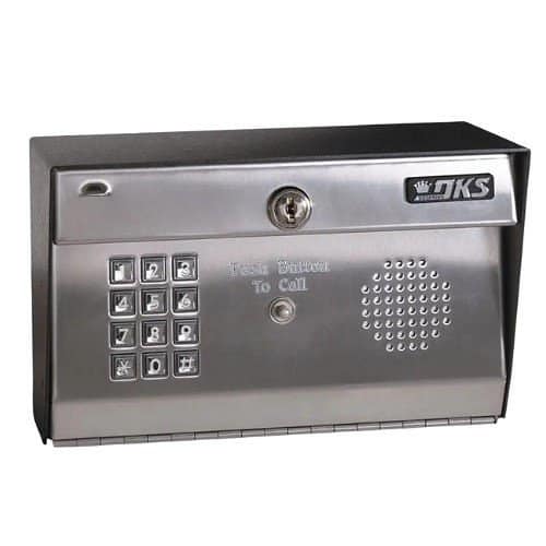 Metal security box with keypad and speaker on a white background
