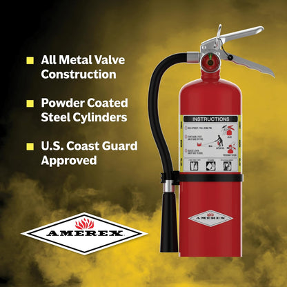 Red fire extinguisher with features listed on a yellow background, featuring the Amerex brand.