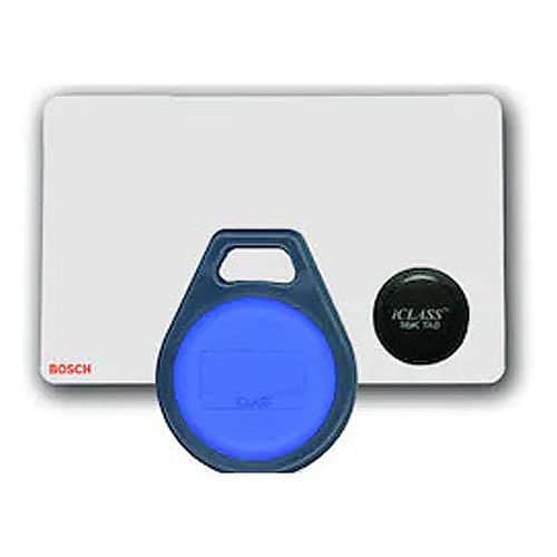 Blue key fob and iClass smart tag card on a white background with Bosch branding.
