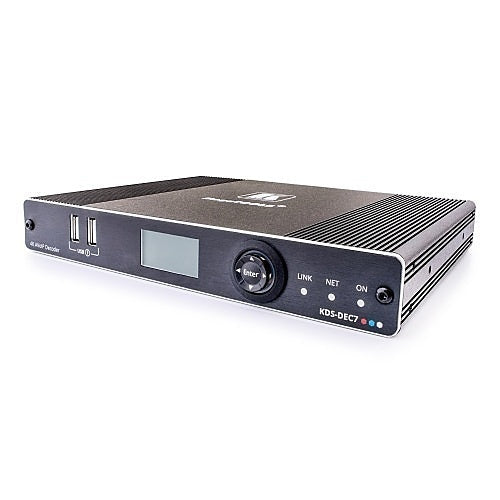 A black, rectangular electronic device designed as an audio-visual over IP (AVoIP) decoder on a white background