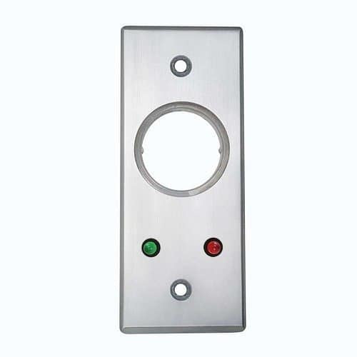Metallic plate with circular cutout and green and red indicator lights on a white background