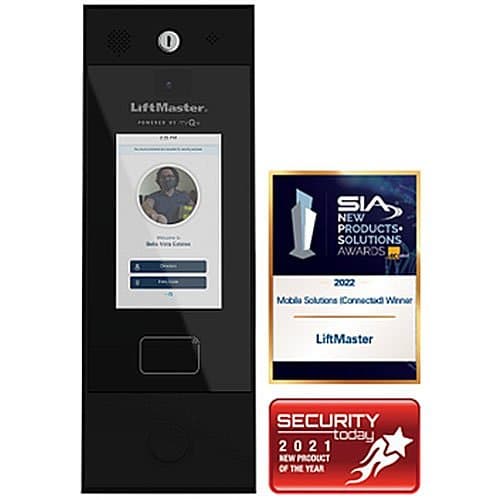 Black doorbell system with digital display and LiftMaster branding, featuring awards on a white background.