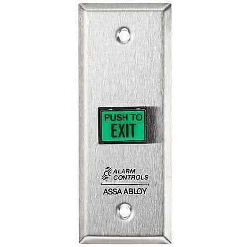 Alarm Controls TS-9T Request-to-Exit Station with Timed Output, Switch Mounted on Narrow 1-3/4" Wall Plate, 5/8" 7/8" Rectangular Push Button, 302 Stainless Steel