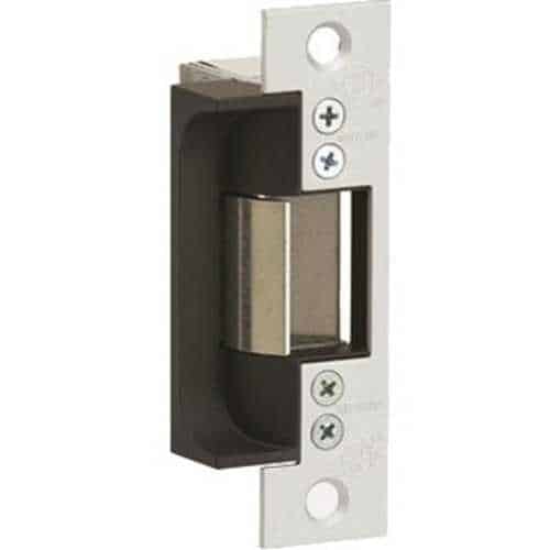 Metal door strike with metal panel on a white background