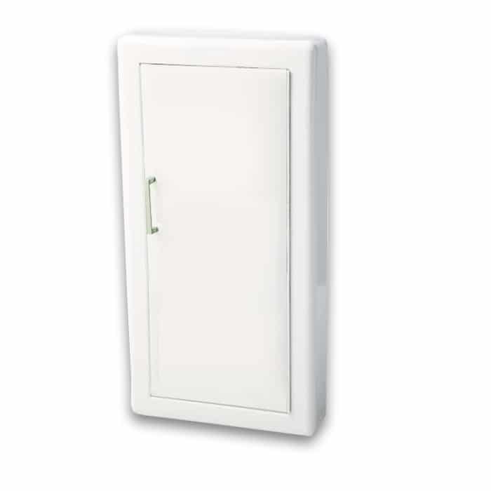 White wall-mounted cabinet with a handle on a white background
