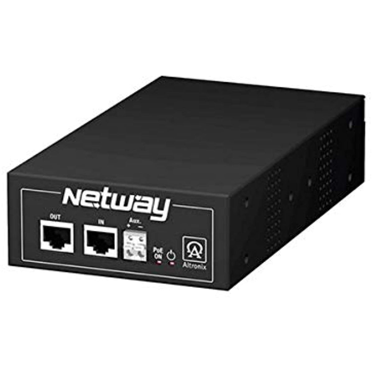 Black network device with 'Netway' branding on a white background