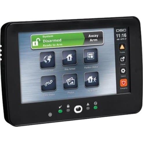 Security system control panel with touchscreen display on a white background