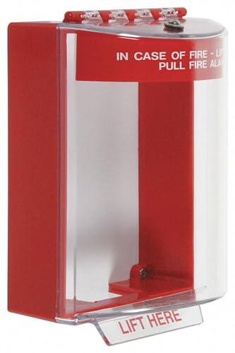 Red fire alarm pull station with clear door on a white background