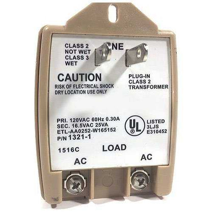 Electrical transformer with label and UL listing on a white background