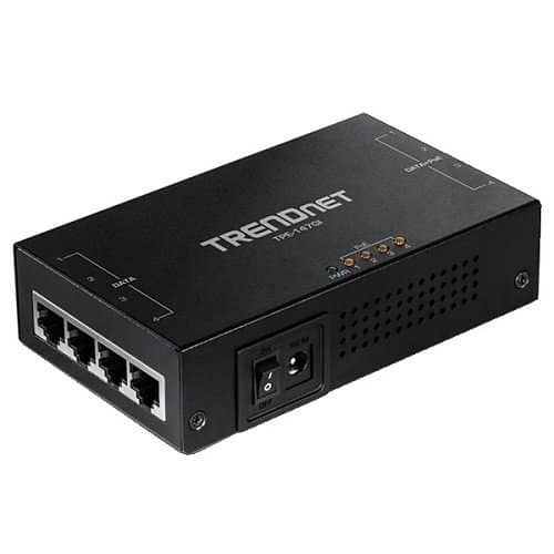 Black network switch with multiple ports and a power input on a white background, featuring the Trendnet brand.