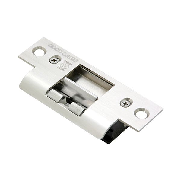 A metallic door strike on a white background