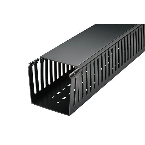 Black metal cable tray on a white background