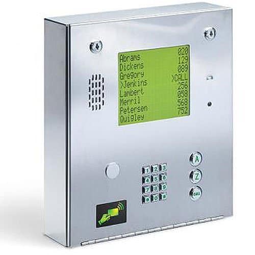 Metallic electronic device with a green display and keypad on a white background