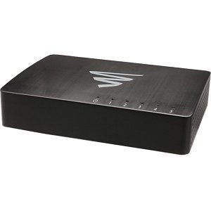 Black electronic device with a logo on a white background